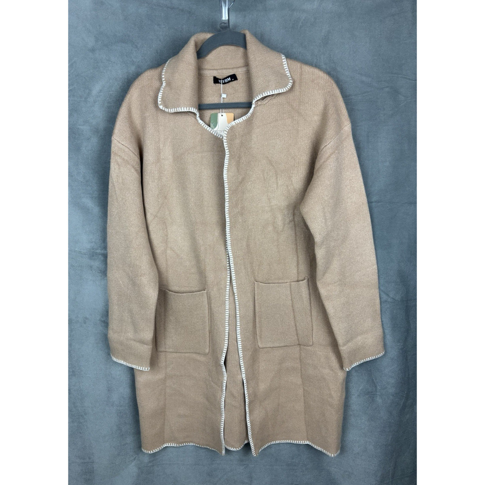 BTFBM Whipstitch Knit Cardigan Duster Sweater Women Size M Tan Open Front